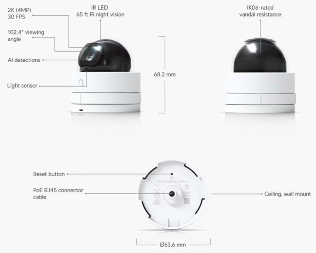 Ubiquiti IP kamera UniFi Protect UVC-G5-Dome-Ultra, indoor, 4Mpx, IR, PoE napájení, LAN 100Mb, bílá