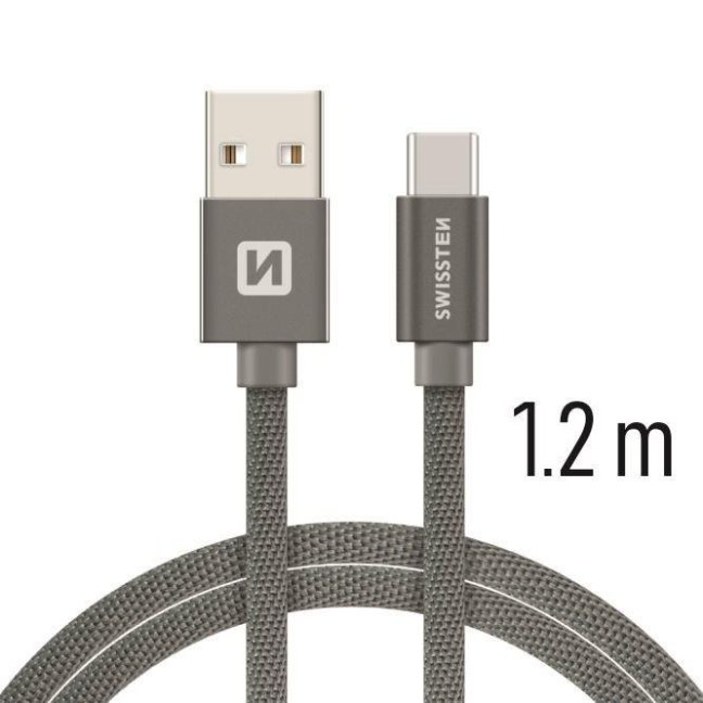 DATOVÝ KABEL SWISSTEN TEXTILE USB / USB-C 1,2 M ŠEDÝ