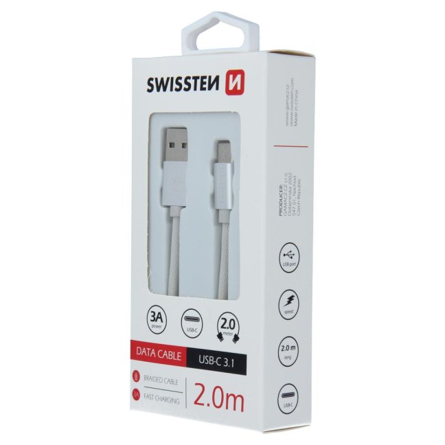 DATOVÝ KABEL SWISSTEN TEXTILE USB / USB-C 2,0 M STŘÍBRNÝ