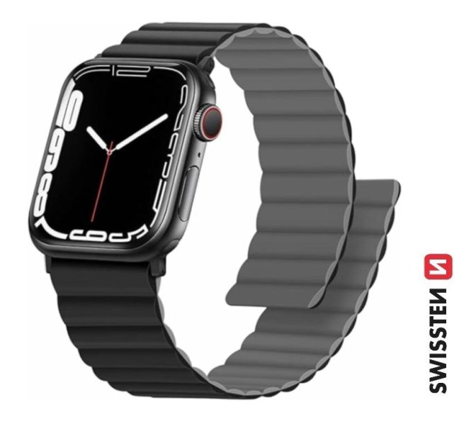SWISSTEN ŘEMÍNEK PRO APPLE WATCH SILIKONOVÝ - MAGNETIC 42 / 44 / 45 / 49 mm ČERNO/ŠEDÝ