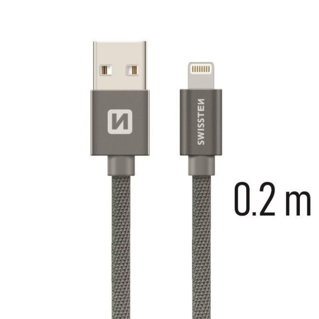 DATOVÝ KABEL SWISSTEN TEXTILE USB / LIGHTNING 0,2 M ŠEDÝ