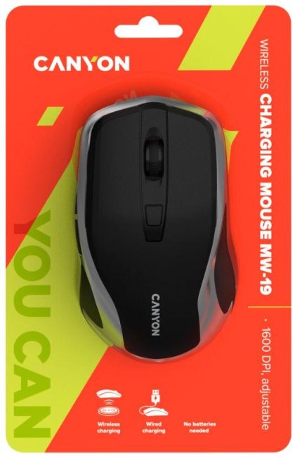 CANYON optická silent myš s bezdrátovým nabíjením, senzor Pixart, rozlišení 800/1200/1600DPI, 6 tlačítek, černo-stříbrn