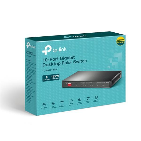 TP-LINK 10-Port Gigabit Desktop Switch with 8-Port PoE+PORT: 8× Gigabit PoE+ Ports, 2x Gigabit Non-PoE Ports, 1× Combo
