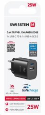 SWISSTEN SÍŤOVÝ ADAPTÉR EDGE GaN 1x USB-C PD 25W + 1x USB-A 18W QC ČERNÝ