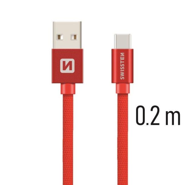 DATOVÝ KABEL SWISSTEN TEXTILE USB / USB-C 0,2 M ČERVENÝ