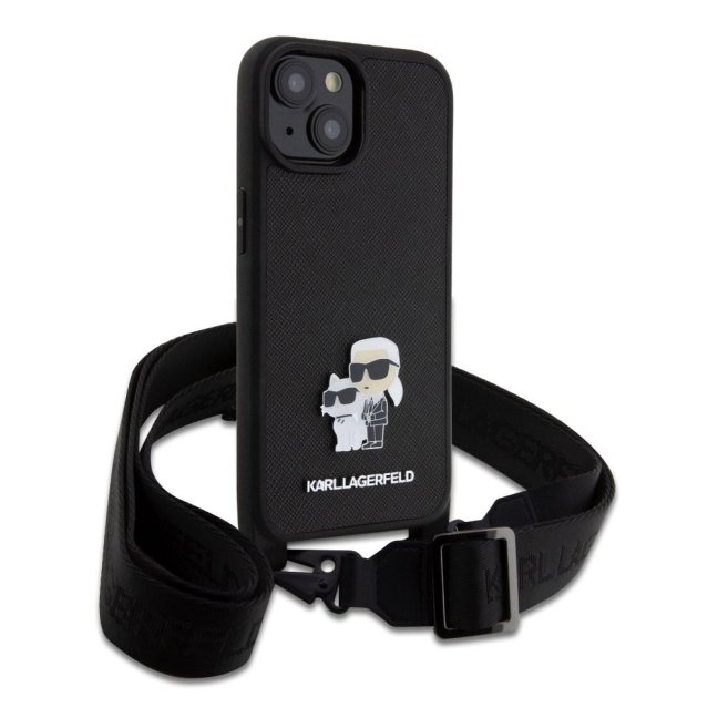 Karl Lagerfeld Saffiano Crossbody Popruh Metal Karl and Choupette Zadní Kryt pro iPhone 15 Plus Black