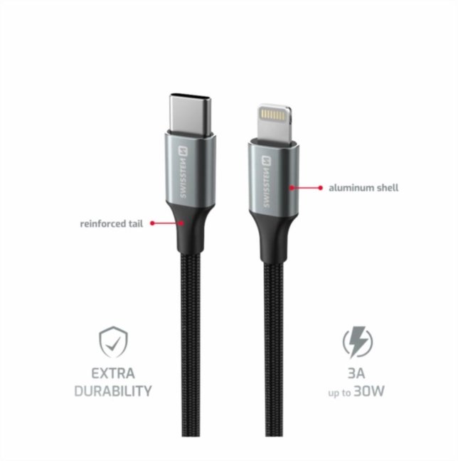 DATOVÝ KABEL SWISSTEN TEXTILE II USB-C / LIGHTNING 1,5 M ČERNÝ