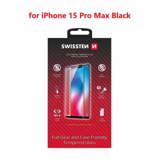 SKLO SWISSTEN FULL GLUE, COLOR FRAME, CASE FRIENDLY PRO APPLE IPHONE 16 PRO MAX ČERNÉ