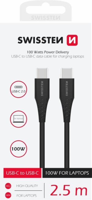 DATOVÝ KABEL SWISSTEN TPE USB-C/USB-C POWER DELIVERY 5A (100W) 2,5 M ČERNÝ