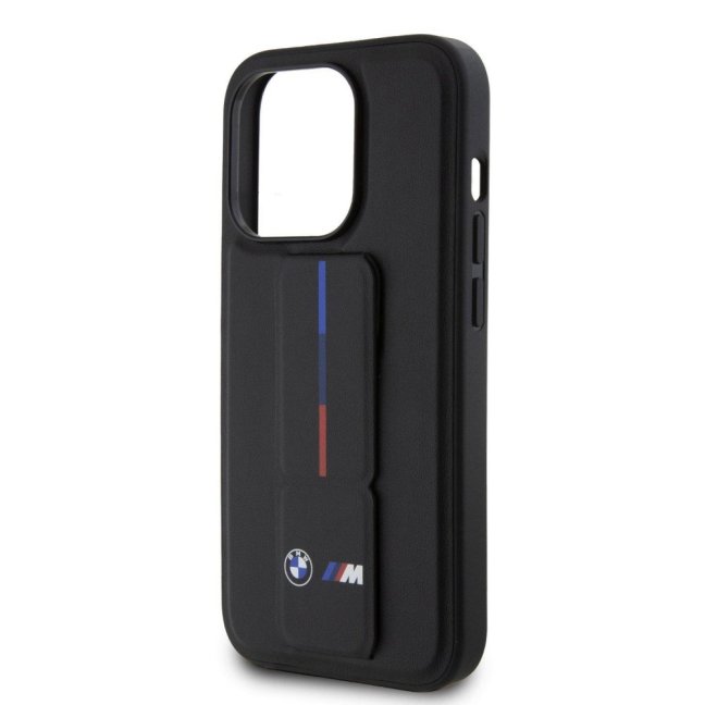 BMW M Collection PU Grip Stand Tricolor Line Zadní Kryt pro iPhone 15 Pro Max Black
