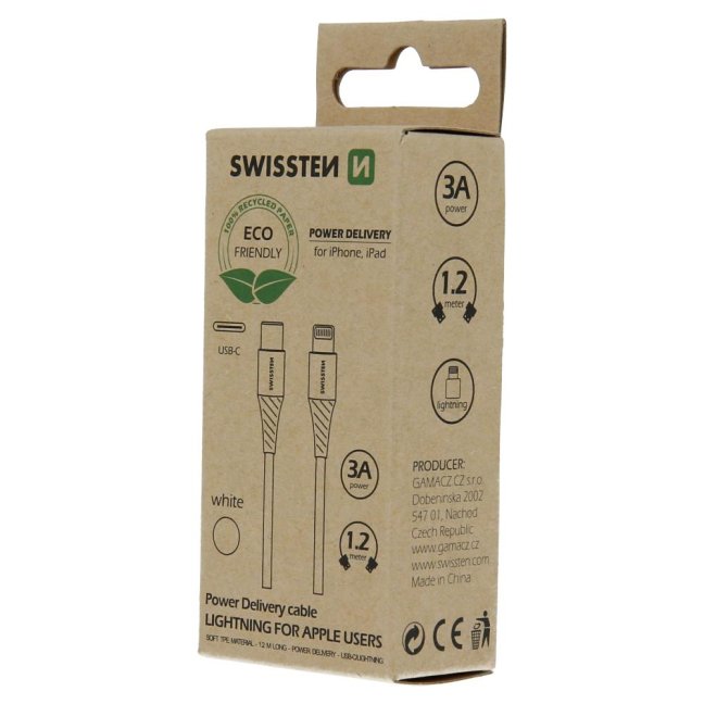 DATOVÝ KABEL SWISSTEN USB-C/LIGHTNING BÍLÝ 1,2M  (ECO BALENÍ)