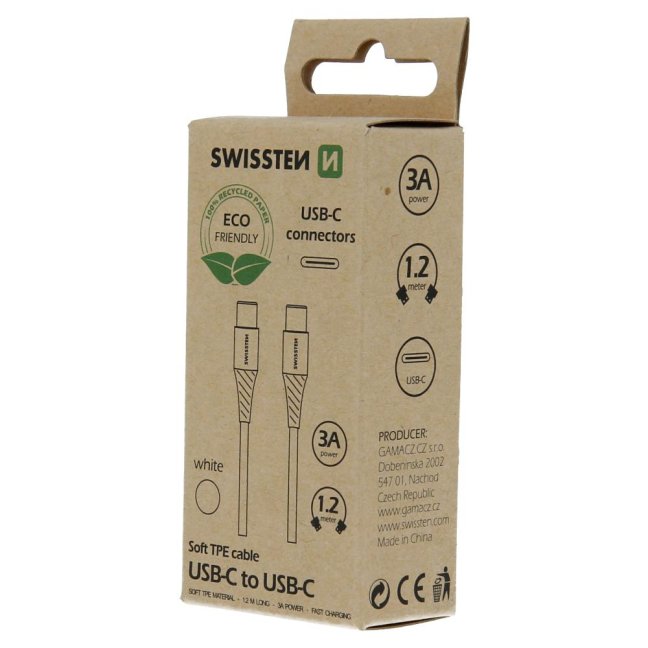 DATOVÝ KABEL SWISSTEN USB-C/USB-C BÍLÝ 1,2M  (ECO BALENÍ)