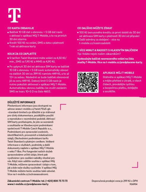 PŘEDPLACENÁ T-MOBILE TWIST SIM KARTA - 15GB (10GB+5GB)- kredit 100 Kč