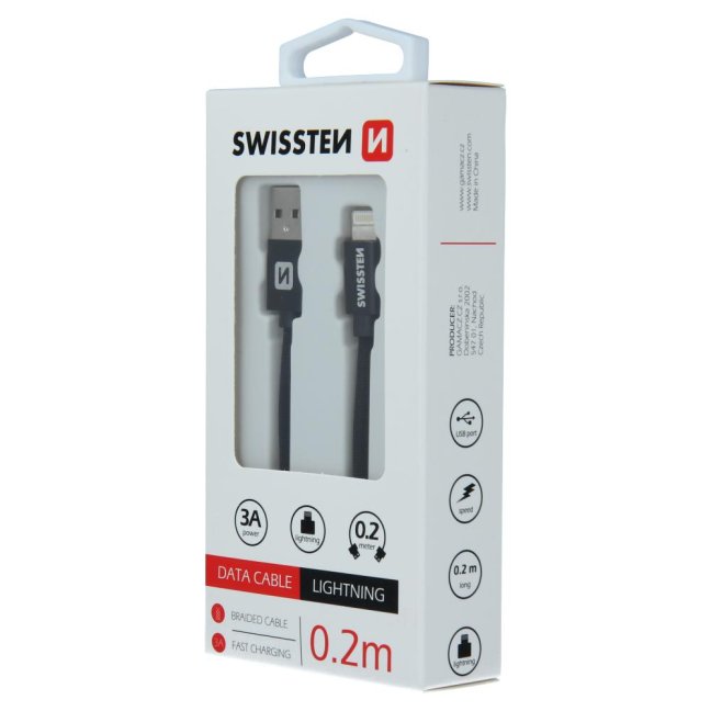 DATOVÝ KABEL SWISSTEN TEXTILE USB / LIGHTNING 0,2 M ČERNÝ