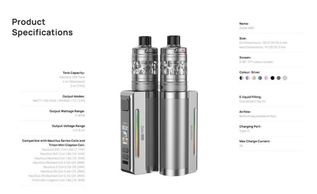 Aspire Zelos M80 Full Kit Black & Silver