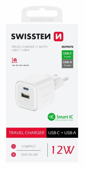 SWISSTEN SÍŤOVÝ ADAPTÉR 12W 1x USB-C + 1x USB-A  BÍLÝ