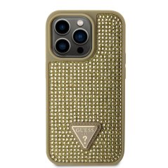 Guess Rhinestones Triangle Metal Logo Kryt pro iPhone 14 Pro Gold