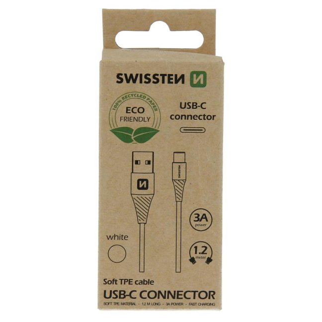 DATOVÝ KABEL SWISSTEN USB/USB-C  BÍLÝ 1,2M  (ECO BALENÍ)