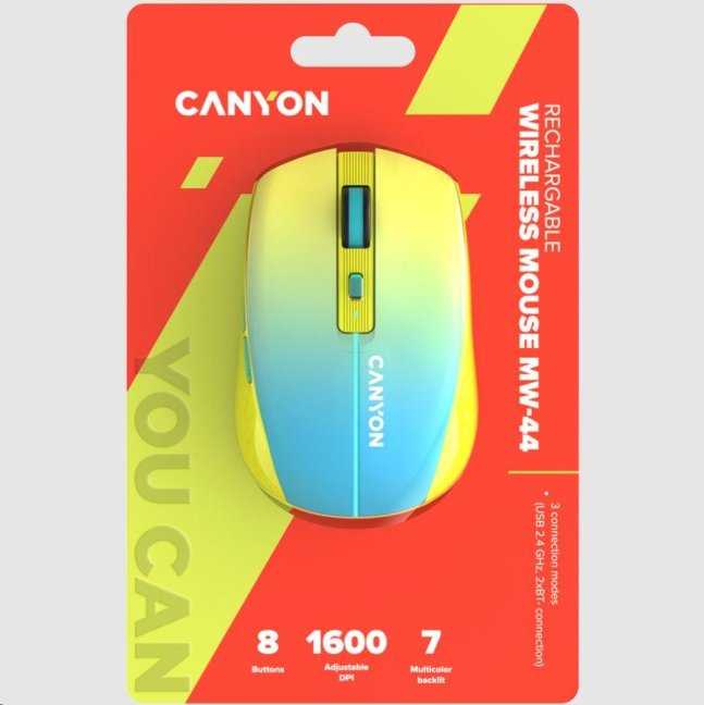 CANYON myš optická bezdrátová MW-44, LED Backlight, 800/1200/1600 dpi, 8 tl, BT+2,4GHz, bat 500mAh, žlutomodrá gradient