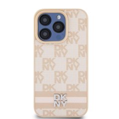 DKNY PU Leather Checkered Pattern and Stripe Zadní Kryt pro iPhone 13 Pro Pink