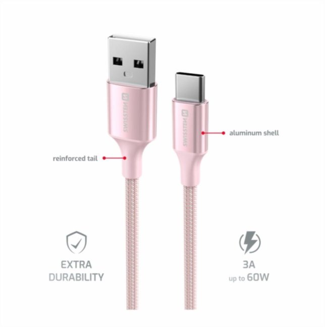 DATOVÝ KABEL SWISSTEN TEXTILE II USB / USB-C 1,5 M RŮŽOVÝ