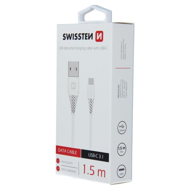 DATOVÝ KABEL SWISSTEN USB / USB-C BÍLÝ 1,5 M (7mm)