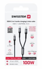 SWISSTEN NABÍJECÍ KABEL 2v1 USB-C / USB-C + LIGHTNING 100W 1,5 M ČERNÝ