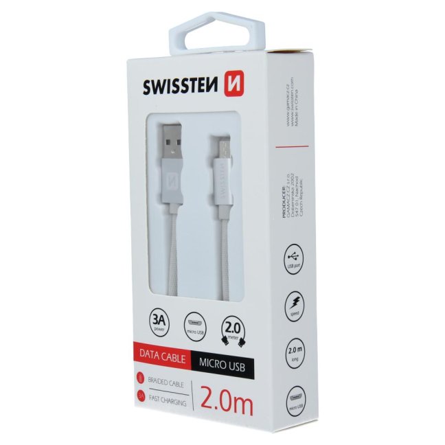 DATOVÝ KABEL SWISSTEN TEXTILE USB / MICRO USB 2,0 M STŘÍBRNÝ