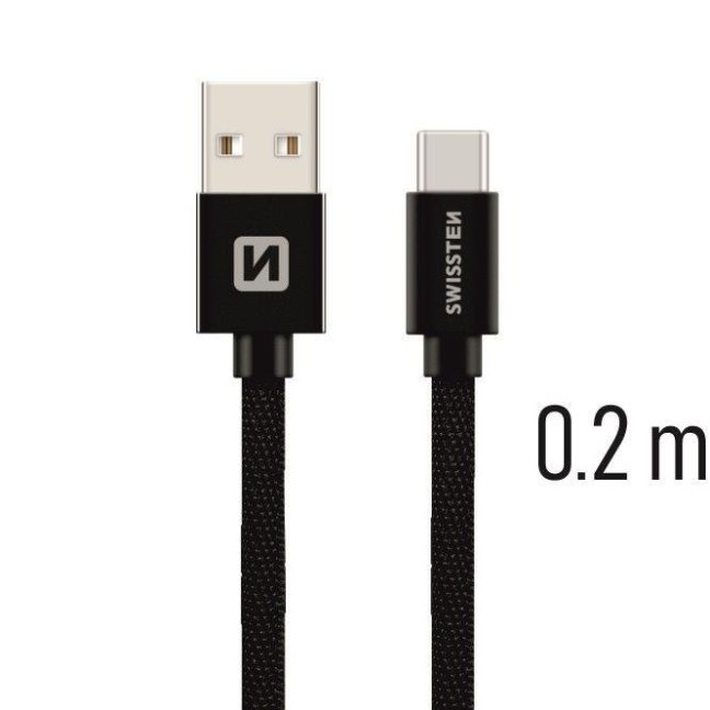 DATOVÝ KABEL SWISSTEN TEXTILE USB / USB-C 0,2 M ČERNÝ