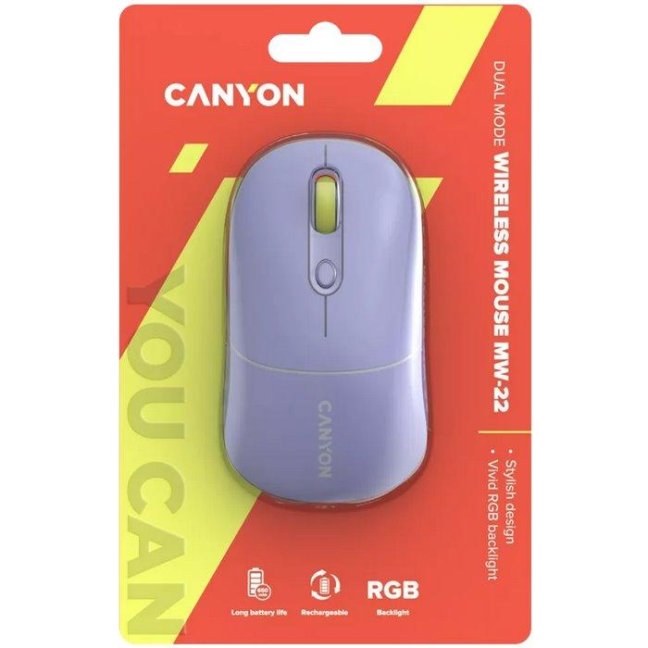 CANYON myš optická bezdrátová MW-22, RGB, 800/1200/1600 dpi, 4 tl, BT+2,4GHz, baterie 650mAh, mountain lavender