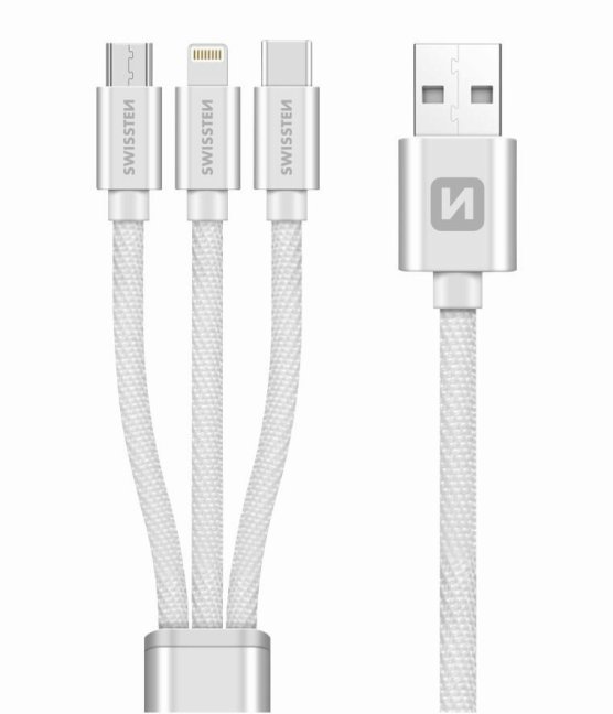 DATOVÝ KABEL SWISSTEN TEXTILE 3in1 MFi 1,2 M STŘÍBRNÝ (Lightning, USB-C, Micro USB)