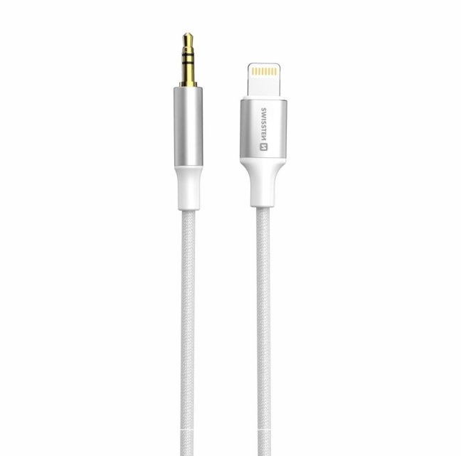 AUDIO ADAPTÉR SWISSTEN TEXTILE LIGHTNING (samec) / 3,5 mm JACK (samec) 1,5 M BÍLÝ