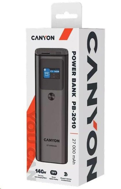 CANYON powerbanka PB-2010, 27000mAh, 2x USB-C 140W PD3.1, 1x USB-A QC 3.0, display, tmavě šedá