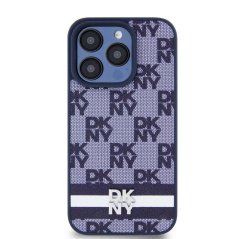 DKNY PU Leather Checkered Pattern and Stripe Zadní Kryt pro iPhone 15 Pro Max Blue