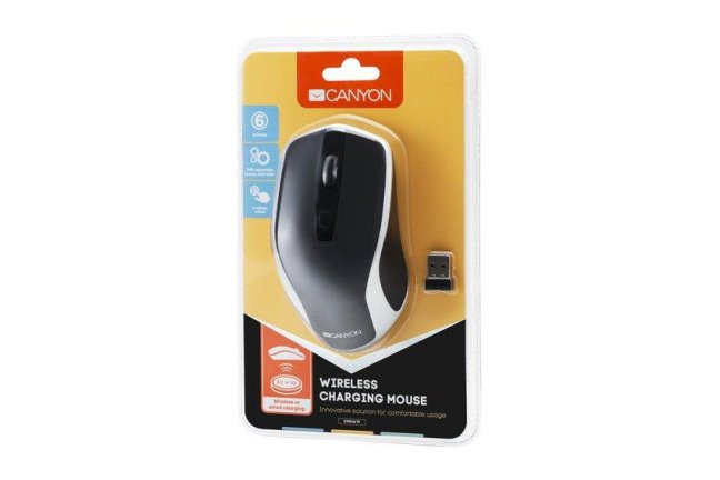 CANYON optická silent myš s bezdrátovým nabíjením, senzor Pixart, rozlišení 800/1200/1600DPI, 6 tlačítek, černo-stříbrn
