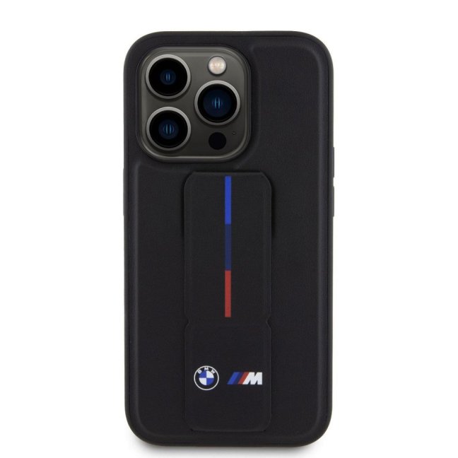 BMW M Collection PU Grip Stand Tricolor Line Zadní Kryt pro iPhone 15 Pro Max Black