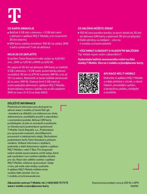 PŘEDPLACENÁ T-MOBILE TWIST SIM KARTA - 10GB (5GB+5GB)- kredit 100 Kč