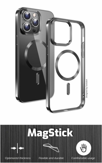 POUZDRO SWISSTEN CLEAR JELLY MagStick METALLIC PRO IPHONE 14 PRO MAX ČERNÉ