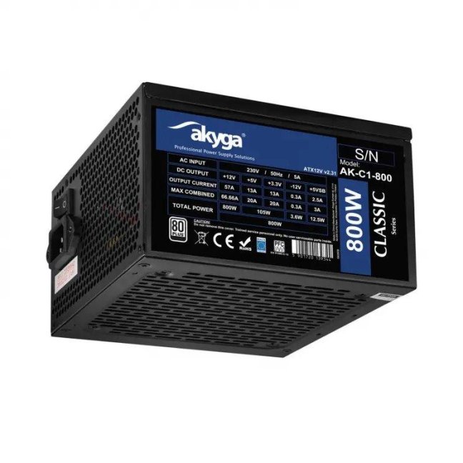 Akyga PC zdroj ATX 800W P4+4 2x PCI-E 6+2 pin 6x SATA 3x Molex APFC 120mm