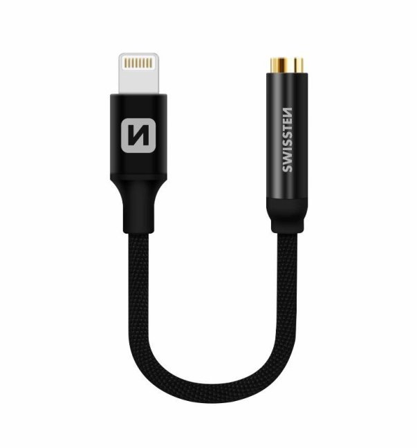 AUDIO ADAPTÉR SWISSTEN TEXTILE LIGHTNING /JACK(samice) 0,15 M ČERNÝ