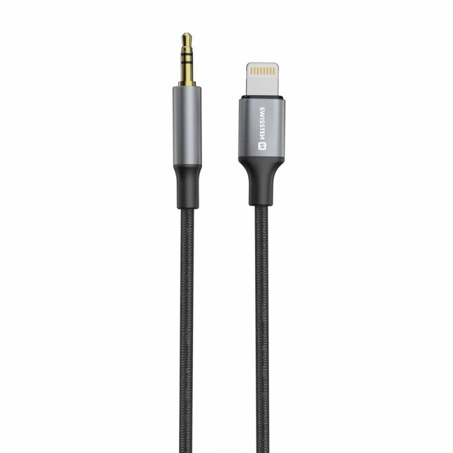 AUDIO ADAPTÉR SWISSTEN TEXTILE LIGHTNING (samec) / 3,5 mm JACK (samec) 1,5 M ČERNÝ (nahrazuje 73501213)
