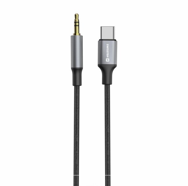 AUDIO ADAPTÉR SWISSTEN TEXTILE USB-C (samec) / 3,5 mm JACK (samec) 1,5M ČERNÝ (nahrazuje 73501303)