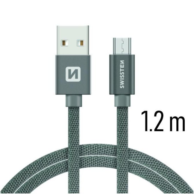 DATOVÝ KABEL SWISSTEN TEXTILE USB / MICRO USB 1,2 M ŠEDÝ