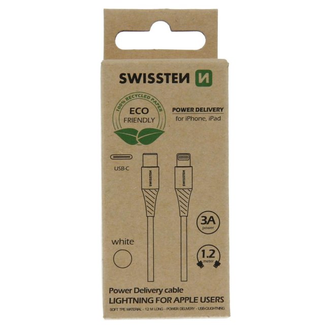 DATOVÝ KABEL SWISSTEN USB-C/LIGHTNING BÍLÝ 1,2M  (ECO BALENÍ)