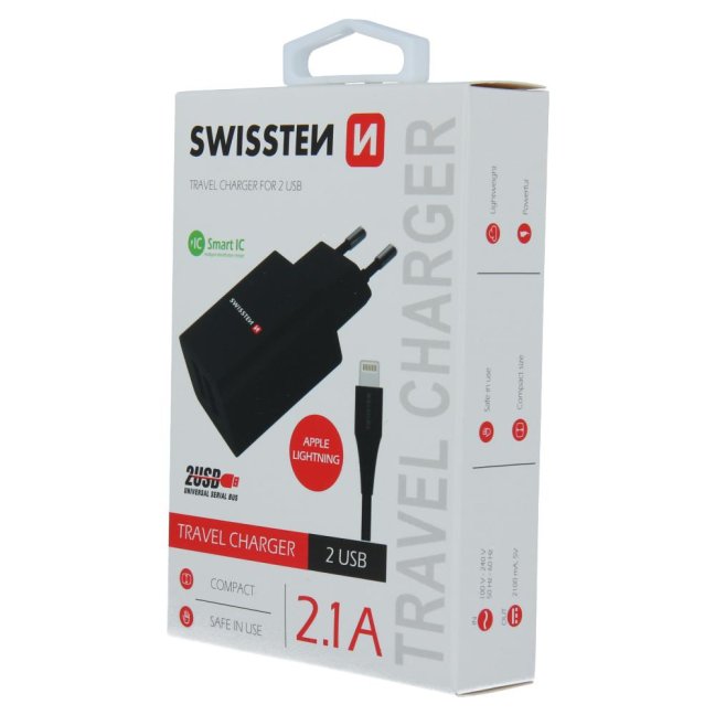 SWISSTEN SÍŤOVÝ ADAPTÉR SMART IC 2x USB 2,1A POWER + DATOVÝ KABEL USB / LIGHTNING 1,2 M ČERNÝ