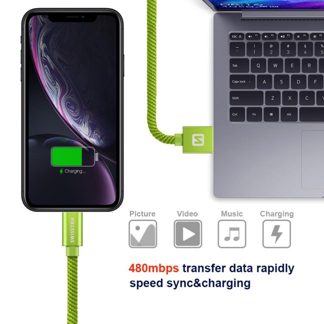 DATOVÝ KABEL SWISSTEN TEXTILE USB / LIGHTNING 1,2 M ZELENÝ