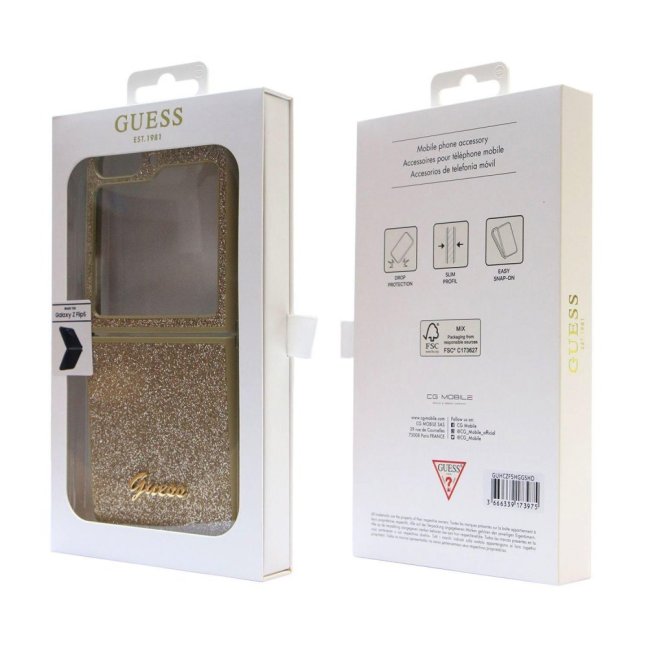 Guess PC/TPU Glitter Flakes Metal Logo Zadní Kryt pro Samsung Galaxy Z Flip 5 Gold