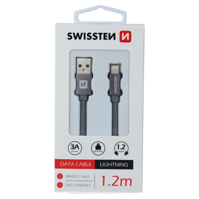 DATOVÝ KABEL SWISSTEN TEXTILE USB / LIGHTNING 1,2 M ŠEDÝ