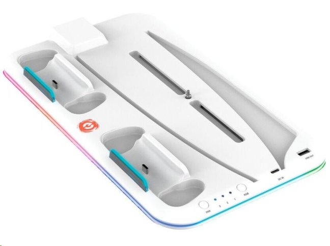 CANYON multifunkční chladící stojan pro PS5, nabíjení 2 PS5 ovladačů, RGB podsvícení, bílý