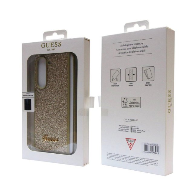 Guess PC/TPU Glitter Flakes Metal Logo Zadní Kryt pro Samsung Galaxy Z Fold 5 Gold